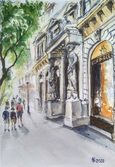 Město, Budapešť,Budapest, Andrássyho třída,Andrássy Avenue, akvarel, waterpainting